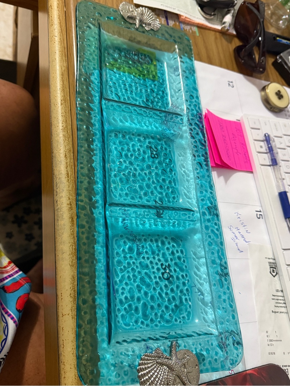 Source Unknown Turquoise Glass Divided Serving Tray with Silver Shell Accents